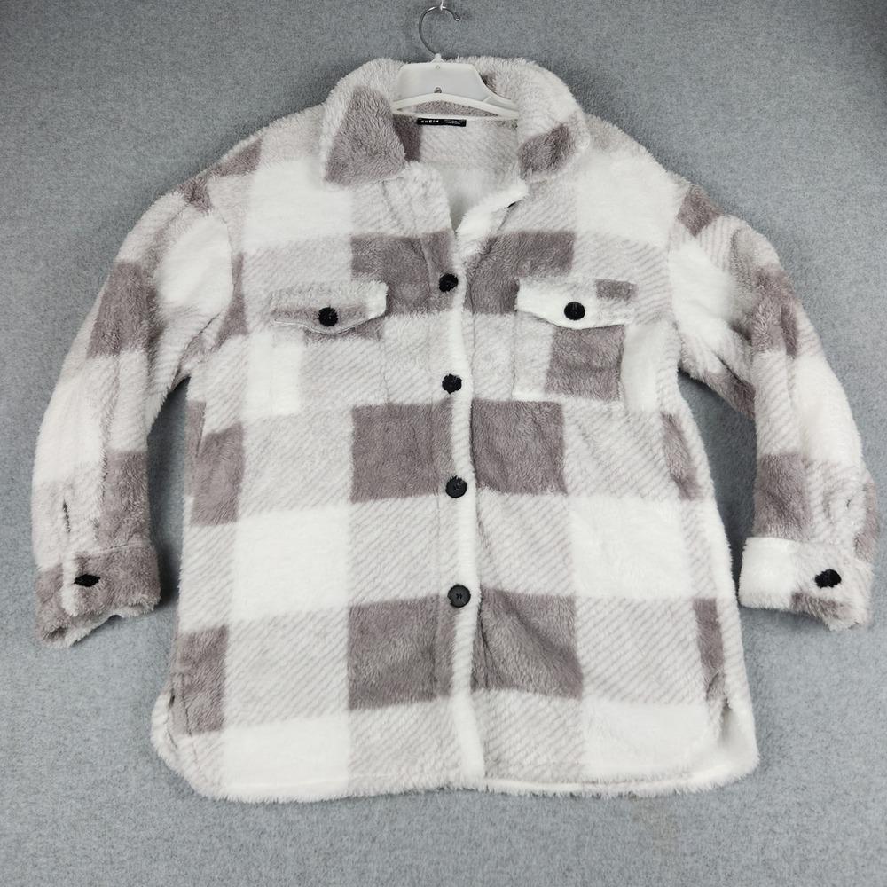 SHEIN Shirt Jacket Womens 6 Gray White Plaid Faux Fur Borg Fleece Button Front